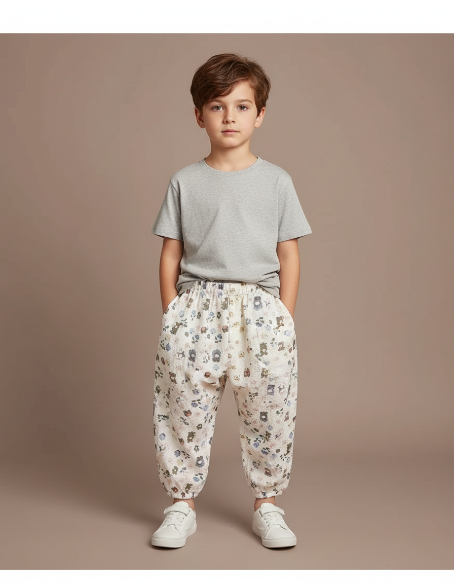 Pantalon Parachute Crème Ample Imprimé Fleuri Coton Enfant - Beige