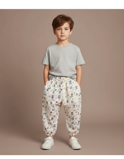 Pantalon Parachute Crème Ample Imprimé Fleuri Coton Enfant - Beige
