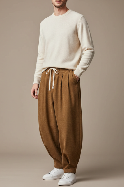 Pantalon Parachute Marron Côtelé Harem Décontracté Confortable - Cordé