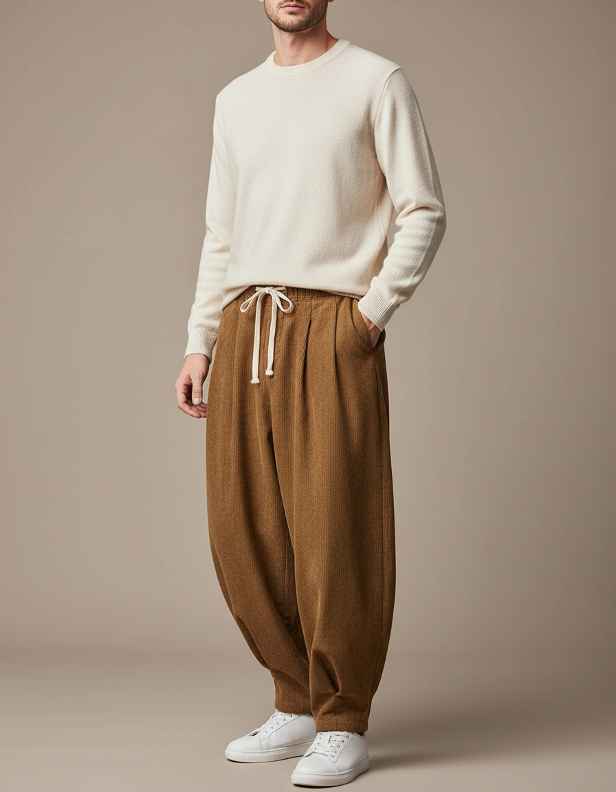 Pantalon Parachute Marron Côtelé Harem Décontracté Confortable - Cordé