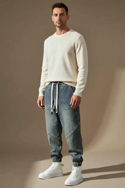 Pantalon Parachute Denim Bleu Délavé Ample Décontracté Homme - Jean