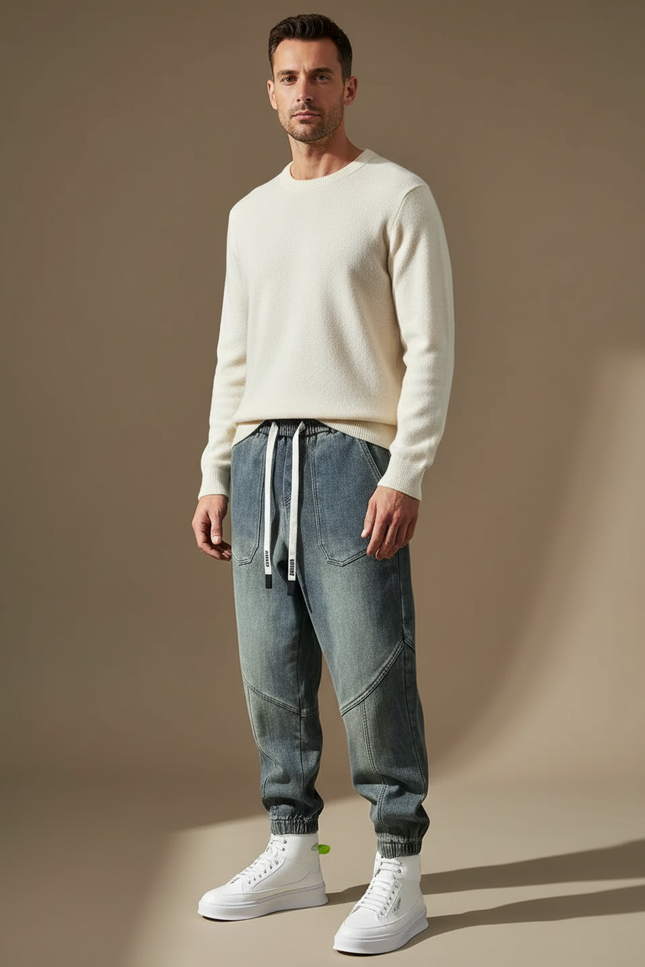 Pantalon Parachute Denim Bleu Délavé Ample Décontracté Homme - Jean