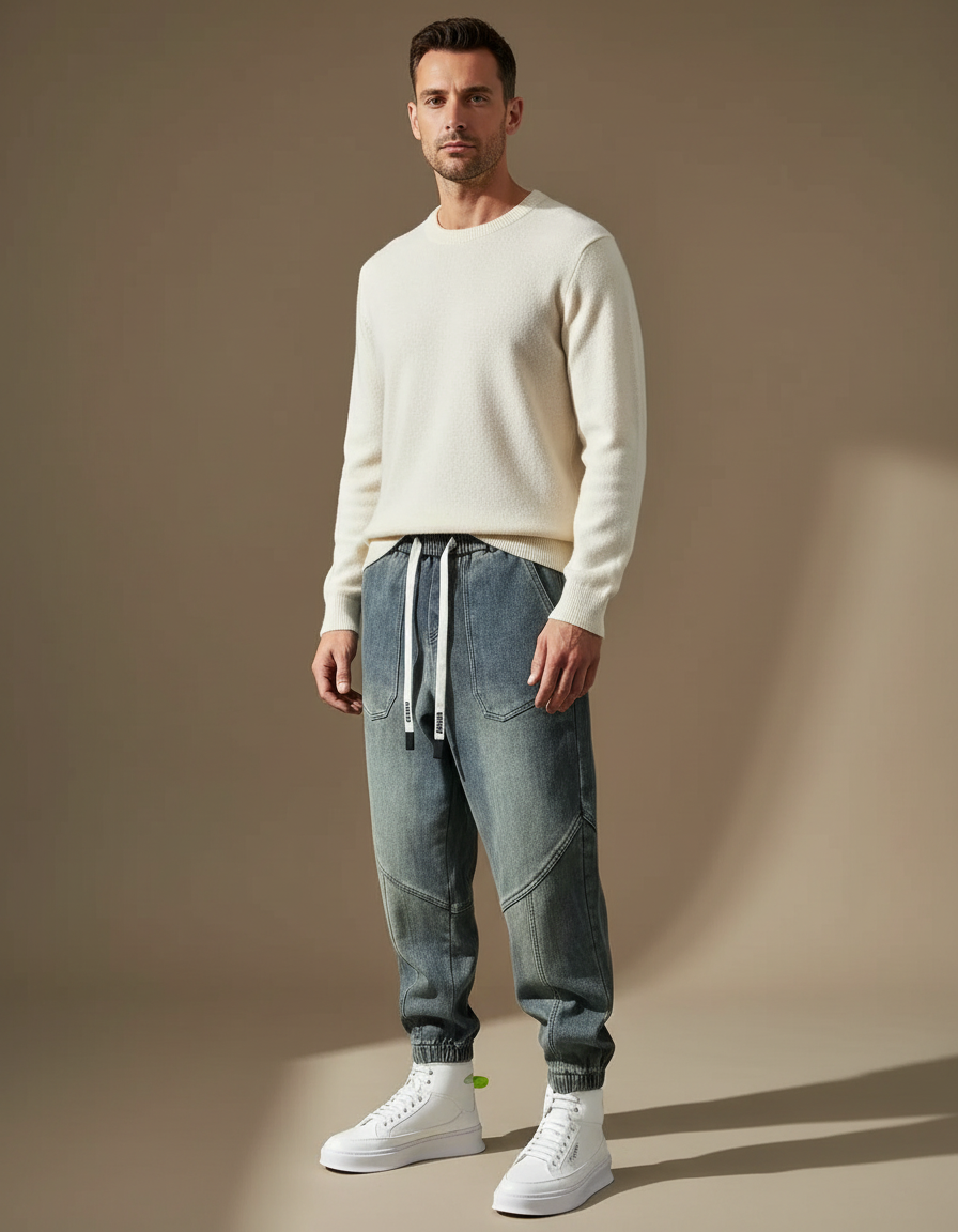 Pantalon Parachute Denim Bleu Délavé Ample Décontracté Homme - Jean