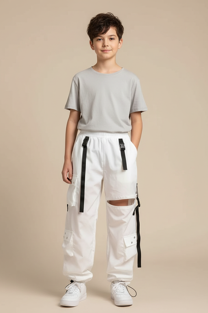 Pantalon Parachute Garçon Blanc Cargo Nylon - Polyester