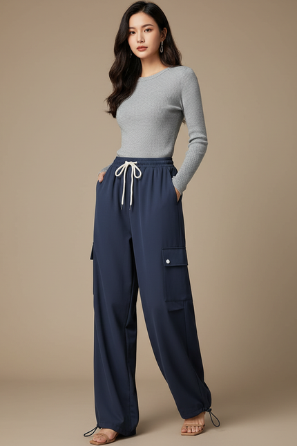 Pantalon Parachute Bleu Marine Fluide Cargo Femme - Polyester