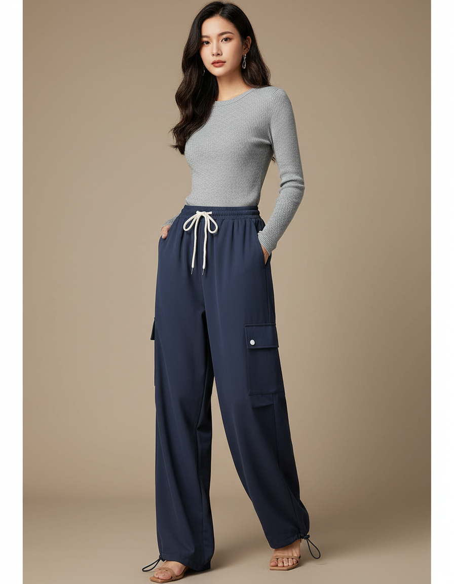 Pantalon Parachute Bleu Marine Fluide Cargo Femme - Polyester
