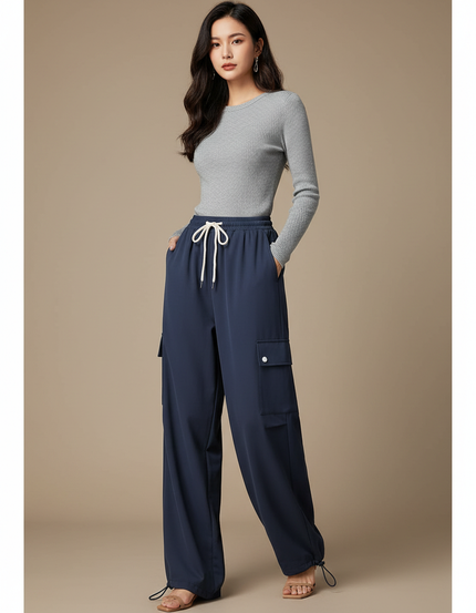 Pantalon Parachute Bleu Marine Fluide Cargo Femme - Polyester