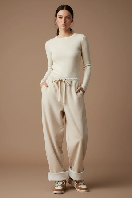 Pantalon Parachute Beige Côtelé Ample Polaire Femme - Cordé