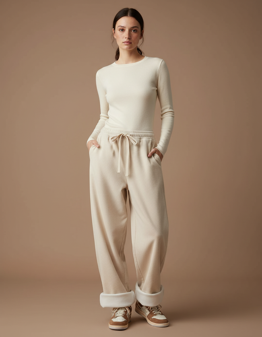Pantalon Parachute Beige Côtelé Ample Polaire Femme - Cordé