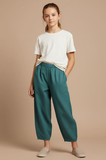 Pantalon Parachute Vert Coton Lin Ample Enfant
