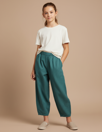 Pantalon Parachute Vert Coton Lin Ample Enfant