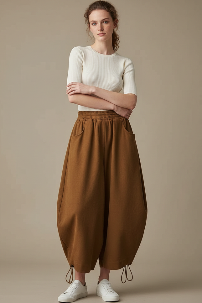 Pantalon Parachute Marron Ample Coton Femme Décontracté - Molleton
