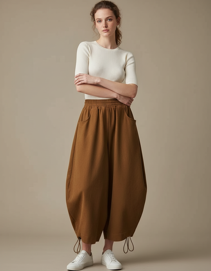 Pantalon Parachute Marron Ample Coton Femme Décontracté - Molleton