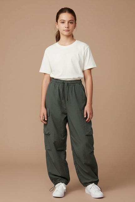 Pantalon Parachute Kaki Ample Cargo Nylon Fille - Polyester