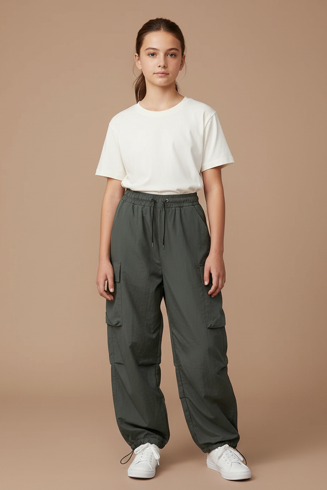 Pantalon Parachute Kaki Ample Cargo Nylon Fille - Polyester