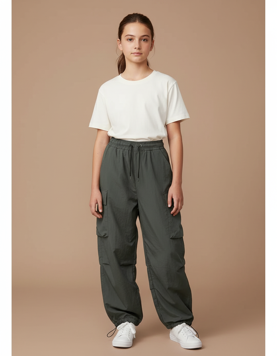 Pantalon Parachute Kaki Ample Cargo Nylon Fille - Polyester