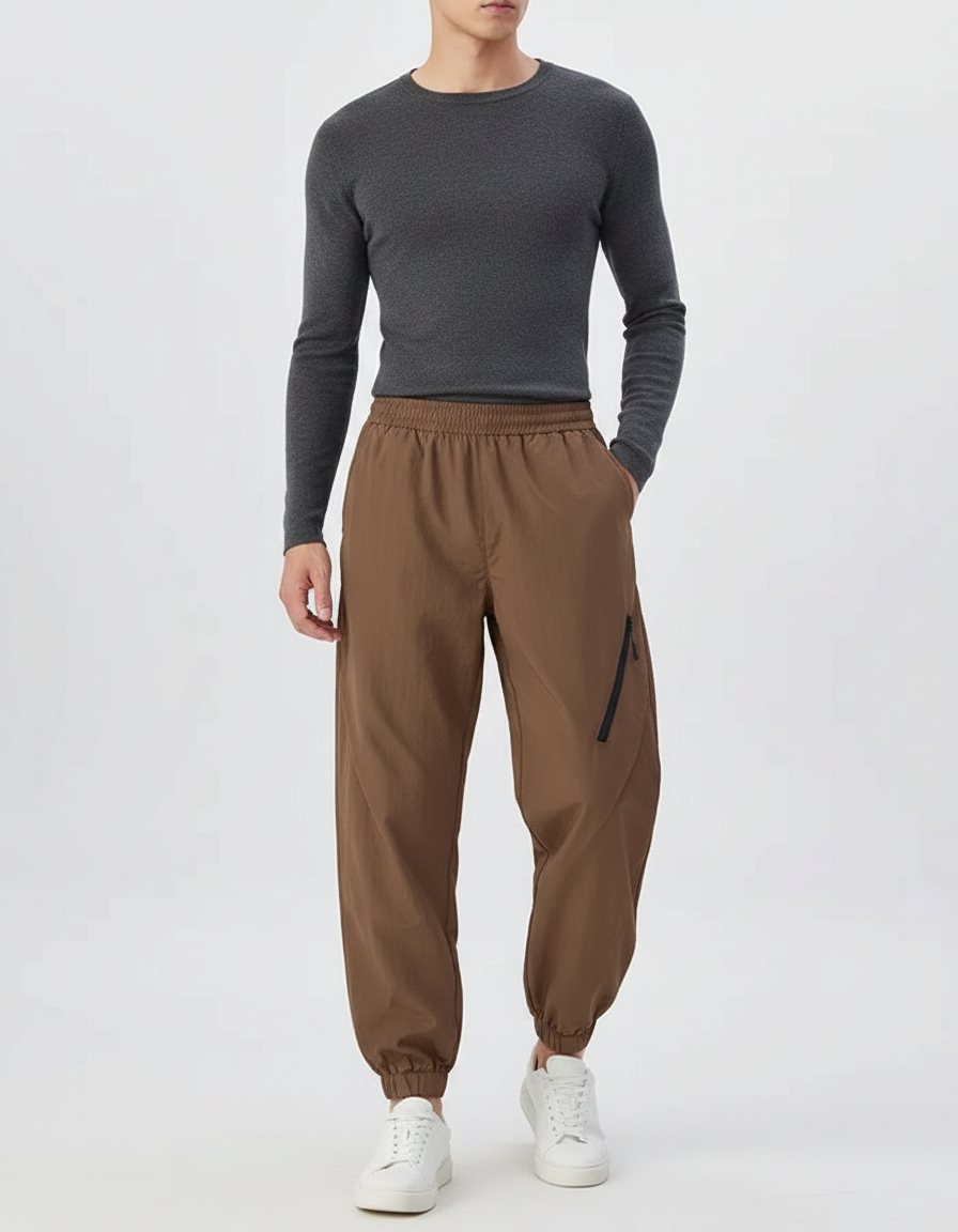 Pantalon Parachute Marron Ample Décontracté Homme - Polyester