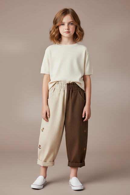 Pantalon Parachute Bicolore Coton Ample Brodé Enfant - Multicolore