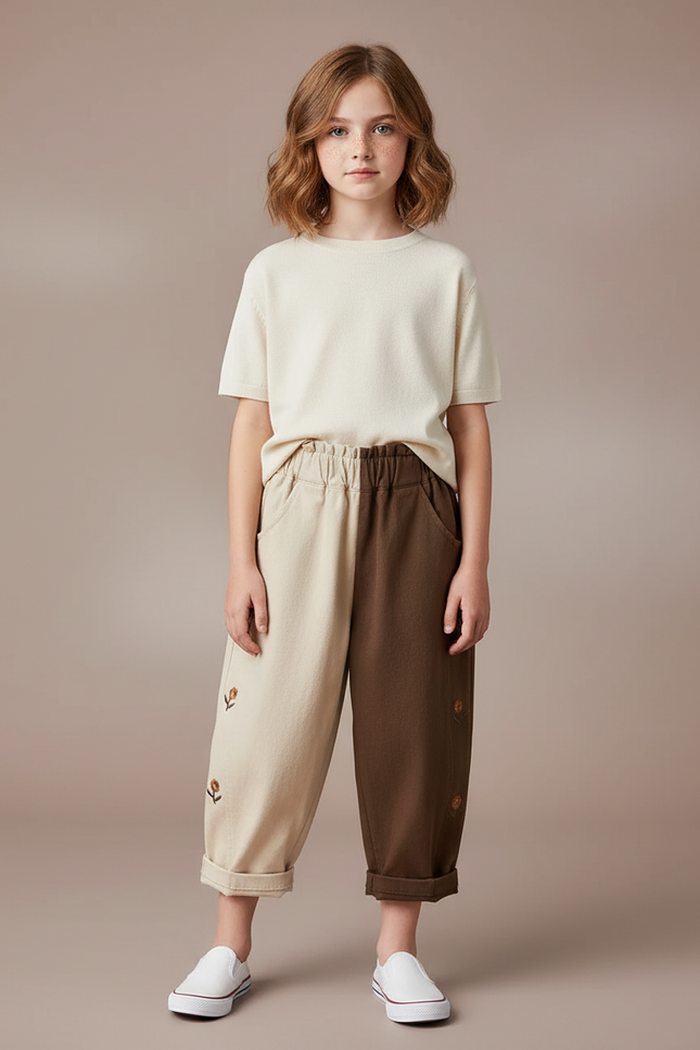 Pantalon Parachute Bicolore Coton Ample Brodé Enfant - Multicolore
