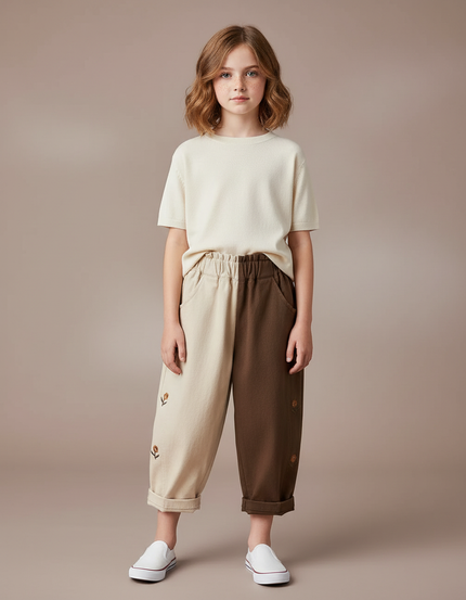 Pantalon Parachute Bicolore Coton Ample Brodé Enfant - Multicolore