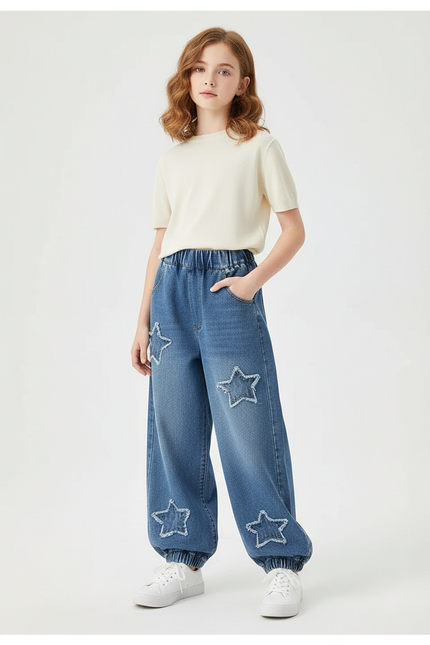 Pantalon Parachute Denim Étoiles Ample Enfant Décontracté - Bleu Jean