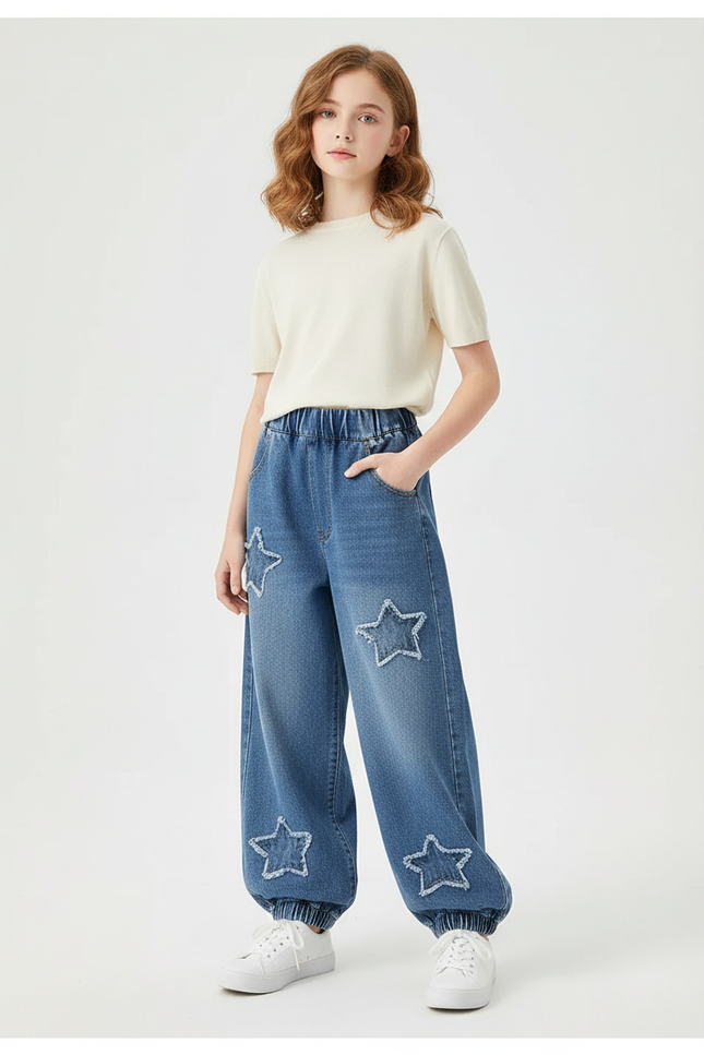 Pantalon Parachute Denim Étoiles Ample Enfant Décontracté - Bleu Jean