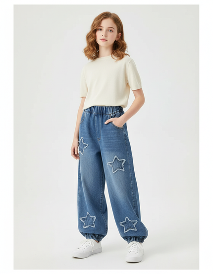 Pantalon Parachute Denim Étoiles Ample Enfant Décontracté - Bleu Jean