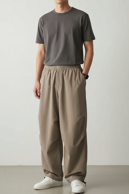 Pantalon Parachute Beige Ample Cargo Décontracté Plissé Homme - Polyester