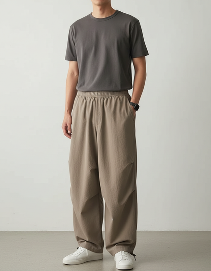 Pantalon Parachute Beige Ample Cargo Décontracté Plissé Homme - Polyester