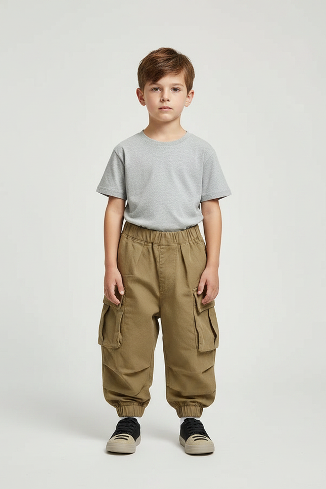Pantalon Parachute Kaki Ample Cargo Garçon - Toile
