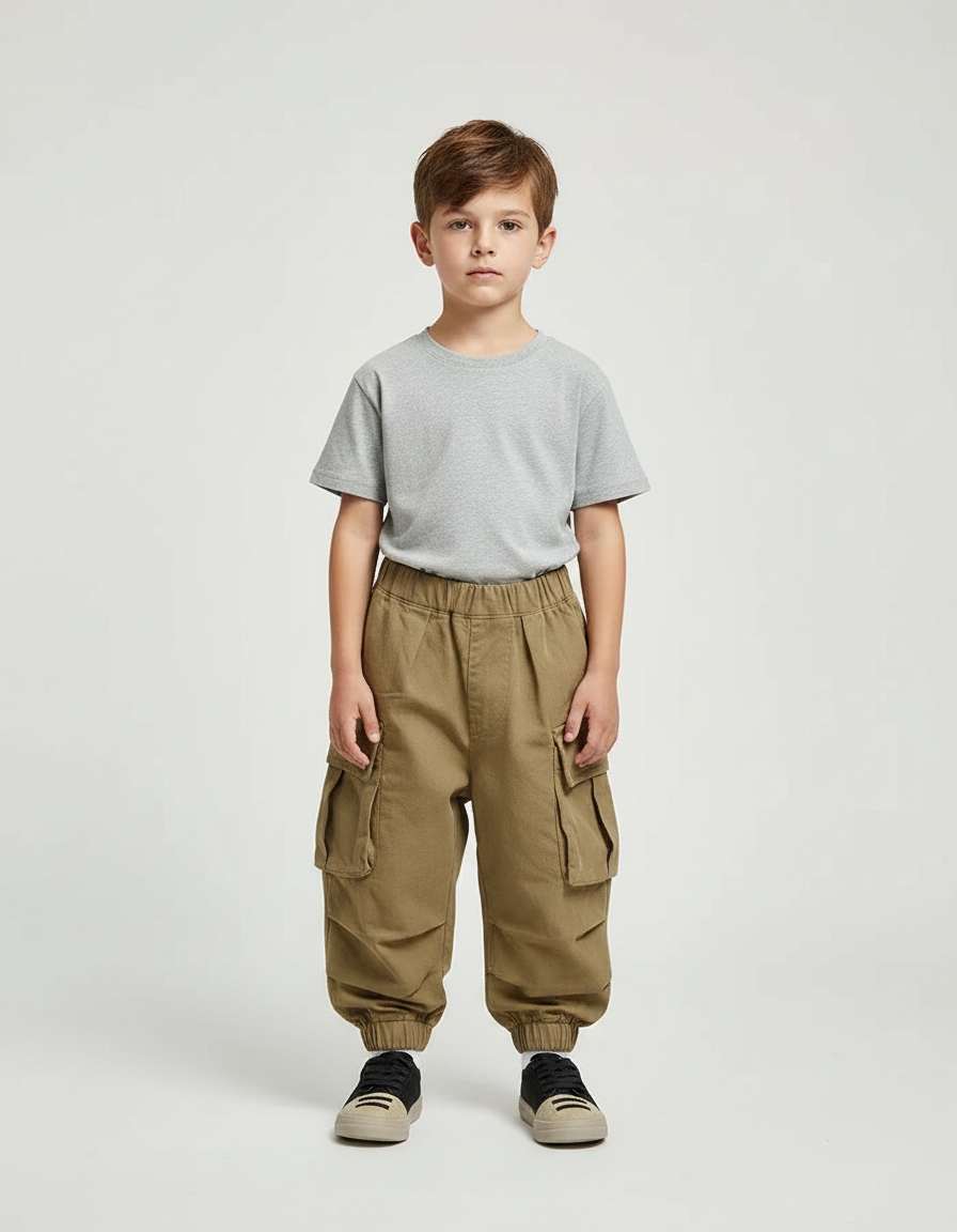 Pantalon Parachute Kaki Ample Cargo Garçon - Toile