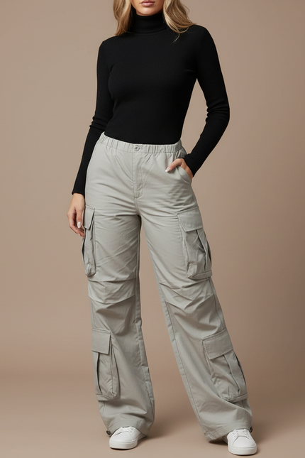 Pantalon Parachute Gris Ample Cargo Cordon Décontracté - Polyester