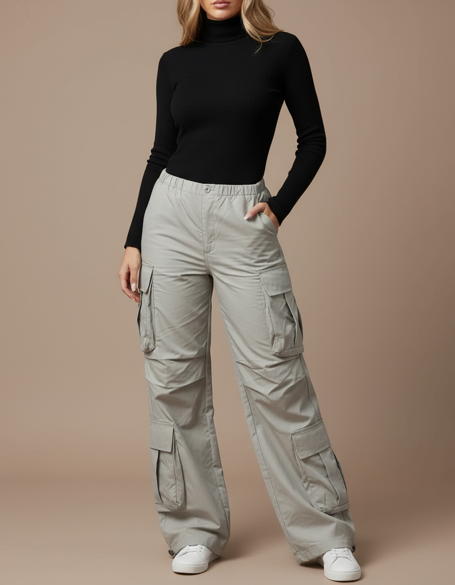 Pantalon Parachute Gris Ample Cargo Cordon Décontracté - Polyester