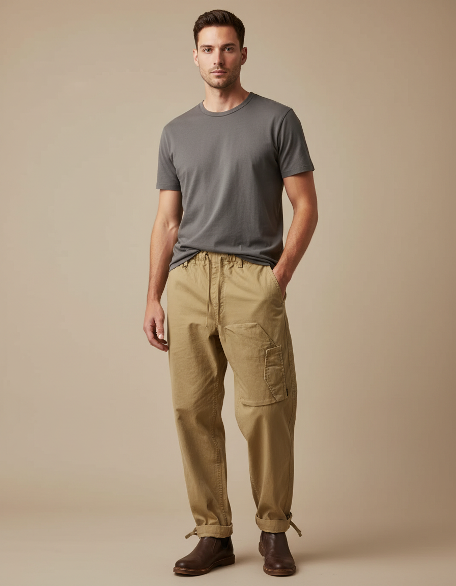 Pantalon Parachute Kaki Ample Coton Cargo Homme Décontracté