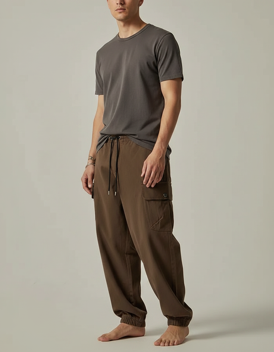 Pantalon Parachute Marron Ample Cargo Décontracté Homme - Coton