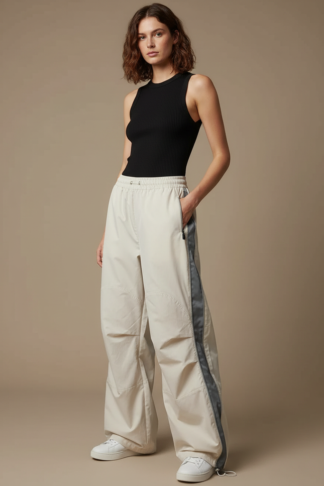 Pantalon Parachute Beige Ample Cargo Streetwear Femme - Polyester