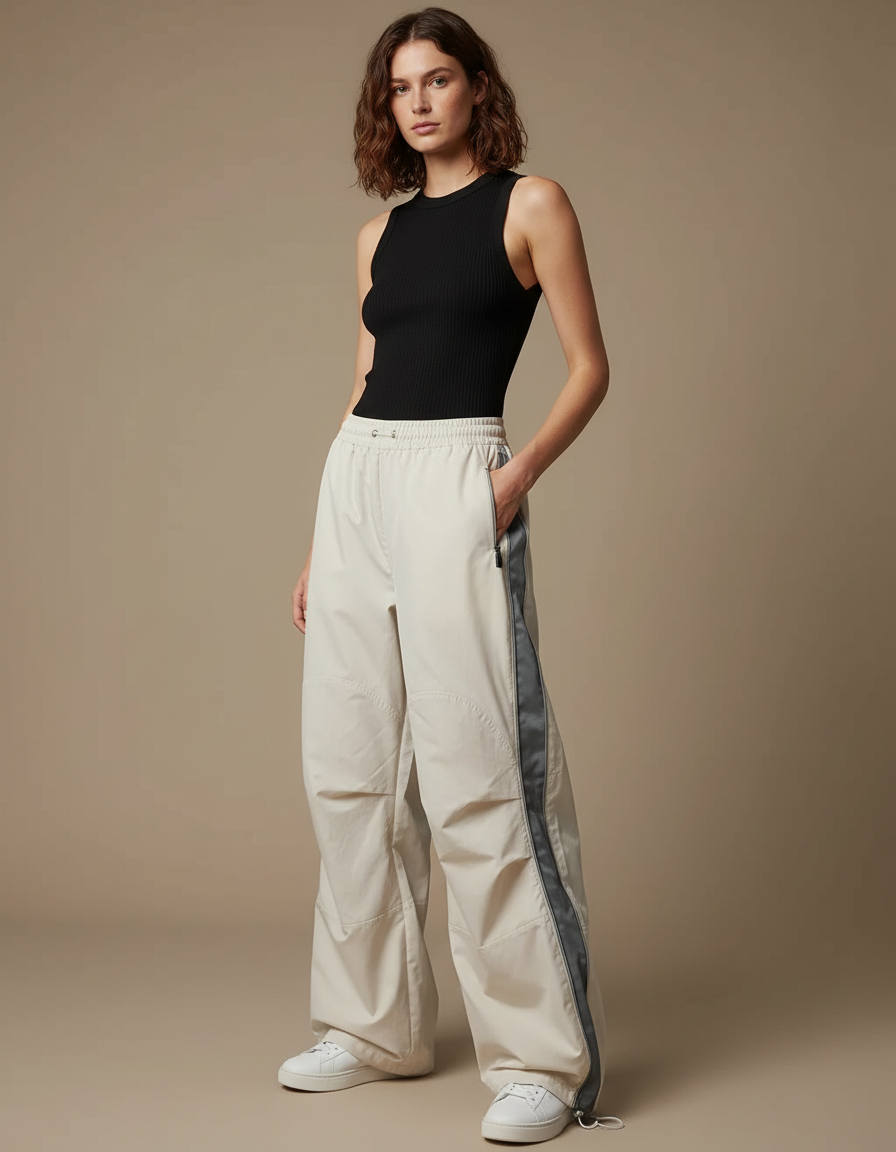 Pantalon Parachute Beige Ample Cargo Streetwear Femme - Polyester