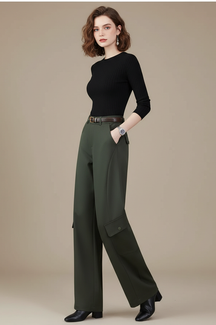 Pantalon Parachute Vert Militaire Ample Taille Haute - Kaki Gabardine