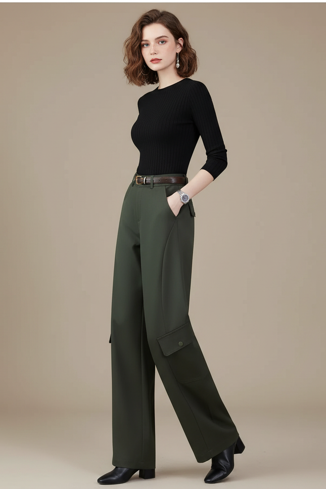 Pantalon Parachute Vert Militaire Ample Taille Haute - Kaki Gabardine