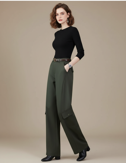 Pantalon Parachute Vert Militaire Ample Taille Haute - Kaki Gabardine