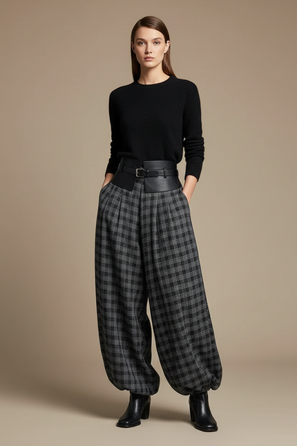 Pantalon Parachute Plaid Gris Ample Fluide Chic - Laine