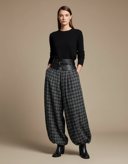 Pantalon Parachute Plaid Gris Ample Fluide Chic - Laine