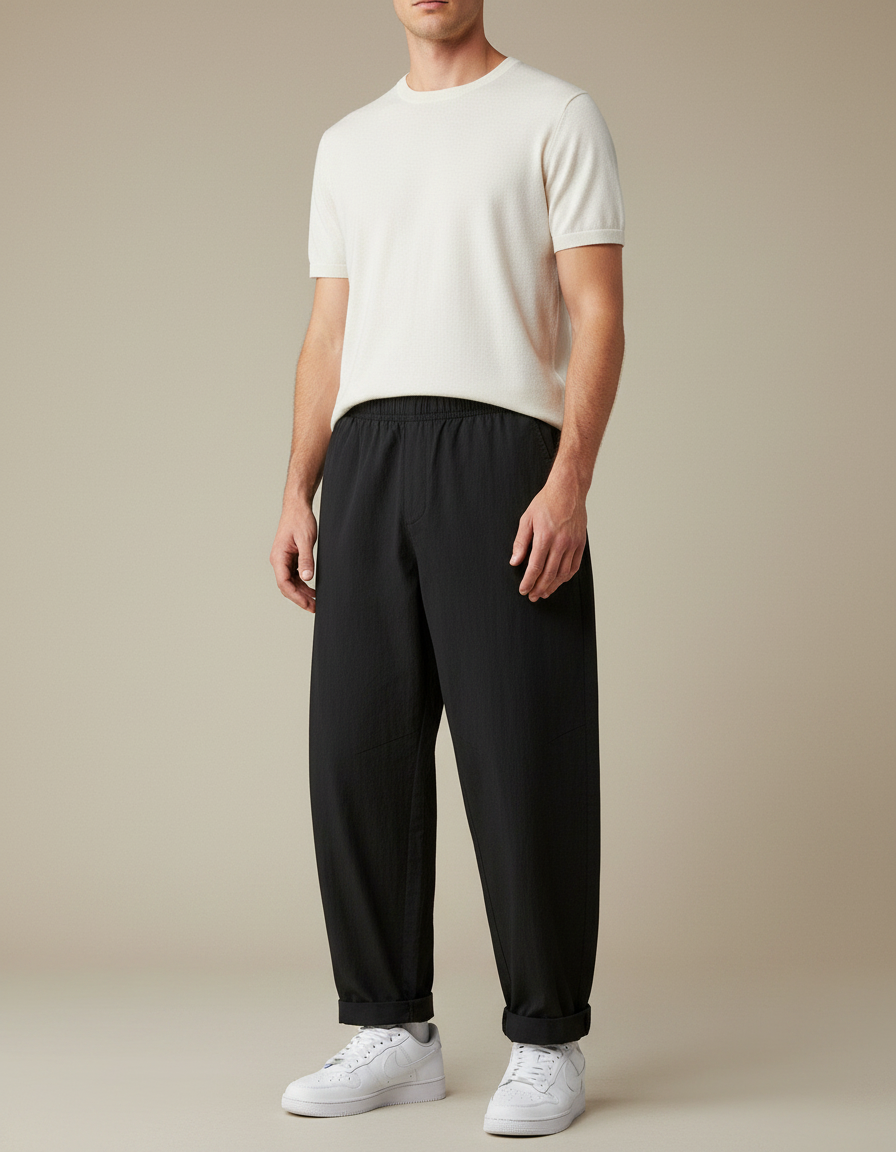 Pantalon Parachute Noir Ample Décontracté Coton Homme