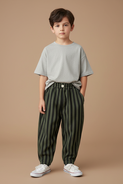Pantalon Parachute Vert Rayé Ample Enfant Décontracté - Kaki Toile