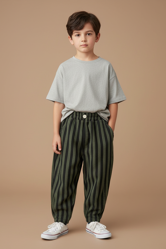 Pantalon Parachute Vert Rayé Ample Enfant Décontracté - Kaki Toile