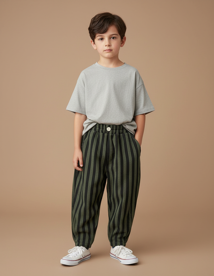 Pantalon Parachute Vert Rayé Ample Enfant Décontracté - Kaki Toile