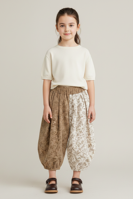 Pantalon Parachute Bicolore Côtelé Floral Ample Enfant - Multicolore Cordé
