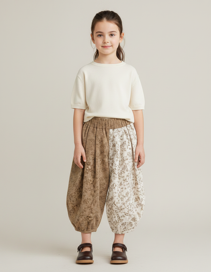 Pantalon Parachute Bicolore Côtelé Floral Ample Enfant - Multicolore Cordé