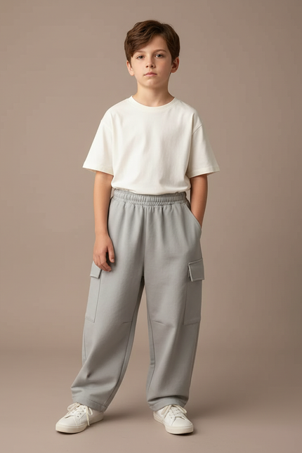 Pantalon Parachute Gris Ample Cargo Garçon Molleton