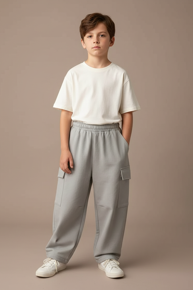 Pantalon Parachute Gris Ample Cargo Garçon Molleton